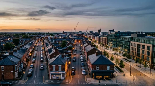 Aerial perspective of a UK town neighborhood transitioning through gentrification with contrasting architectural styles