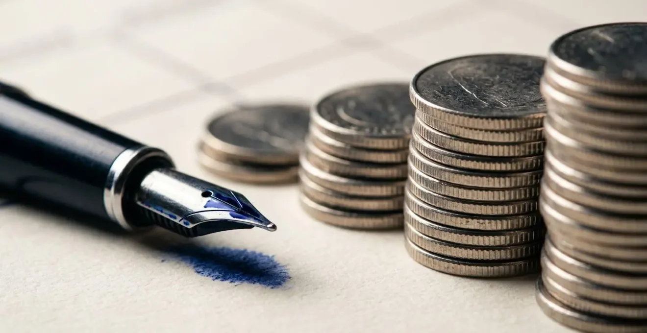 A close-up of a pen, coins, and a weekly planner, representing the precision of weekly budgeting.