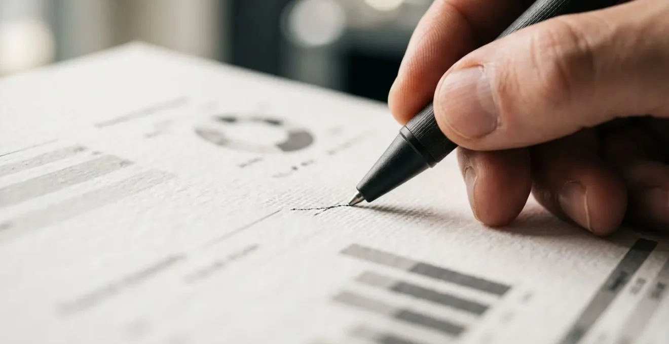 Close-up macro photograph of professional financial documentation review process